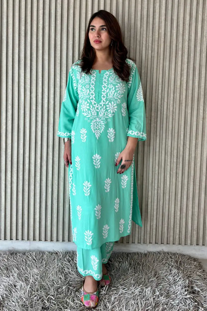 Mint green rayon Chikankari kurti set for women with white threadwork