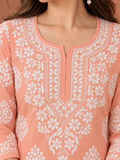 Modal 3D Chikankari Kurti with White Floral Embroidery