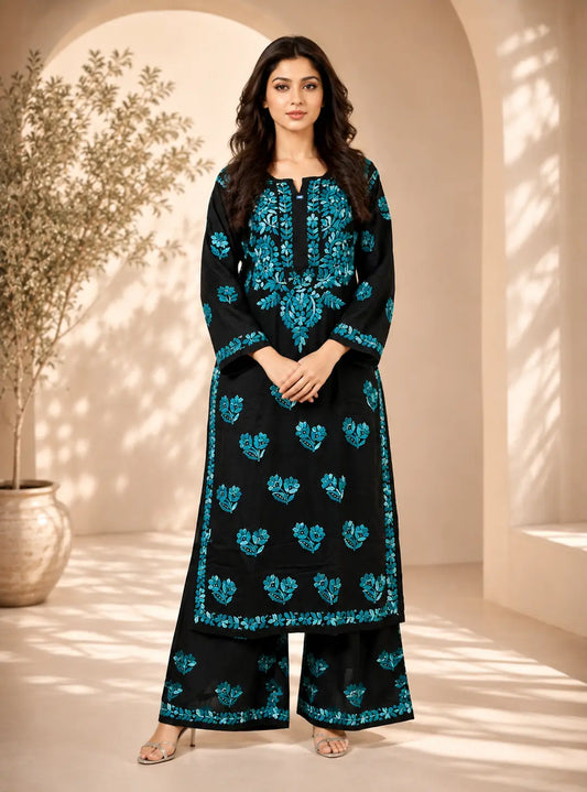 Modal Chikankari Embroidered Co-Ord Set for Women in Black & Teal