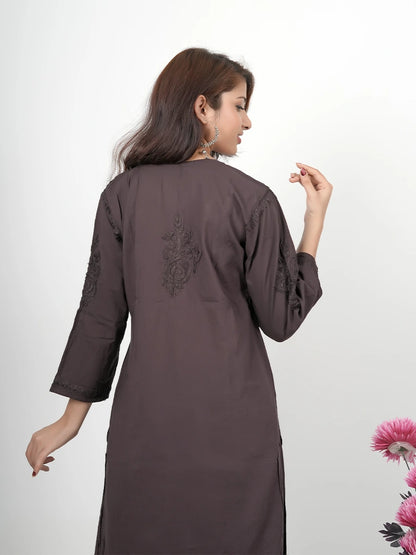 Mulmul chikankari kurti and bottom set styled with floral motifs and 3/4th sleeves