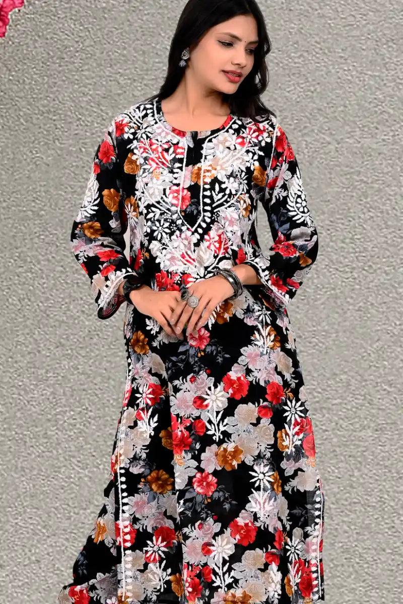  Mulmul printed Chikankari kurti set