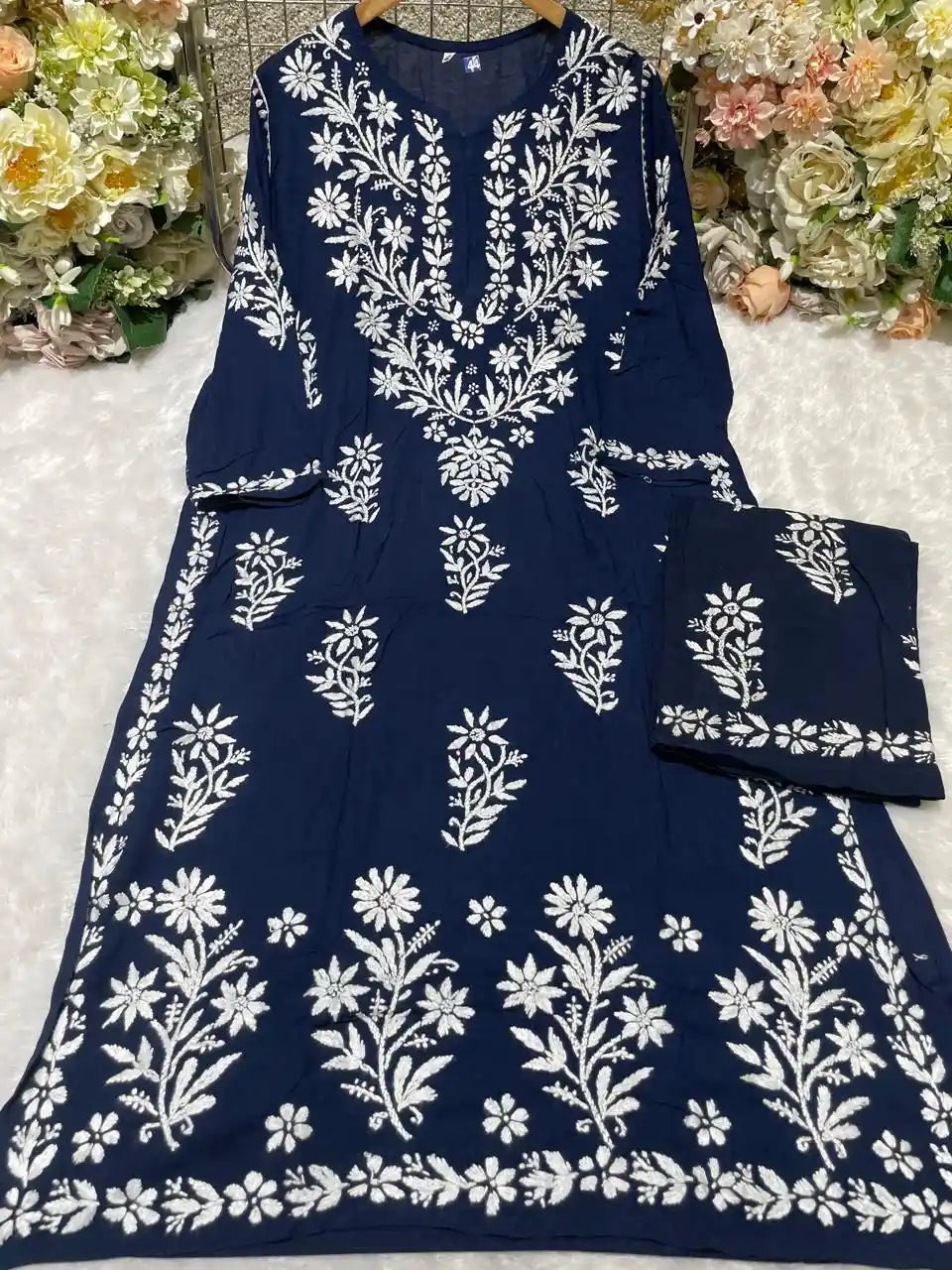 DC Navy blue Heritage Bloom modal suit set with bold buta embroidery and elegant silhouette