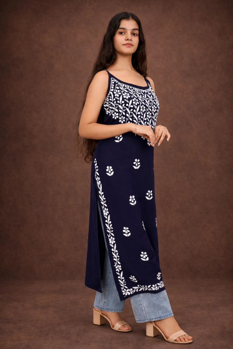 Navy blue long spaghetti kurti in spaghetti top style for women 2026