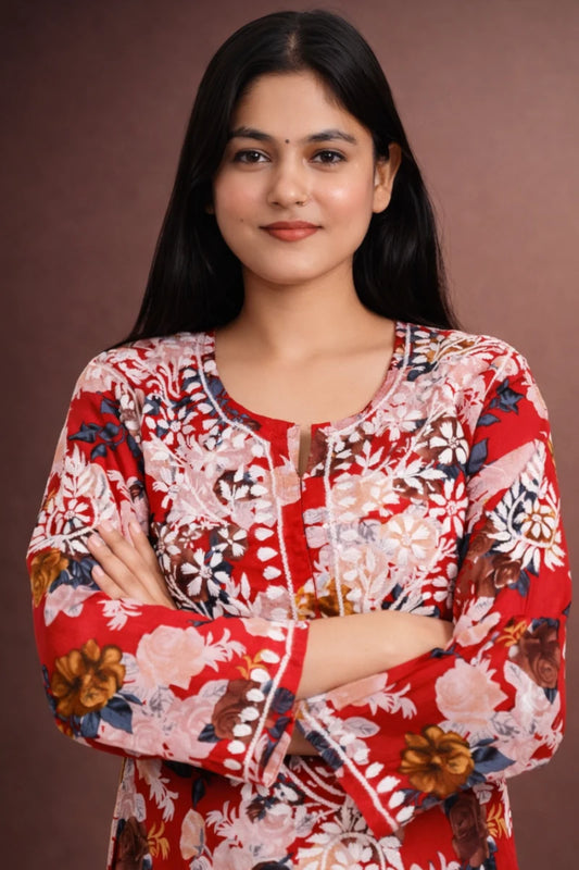 New Crimson printed Mulmul Chikankari kurti set 