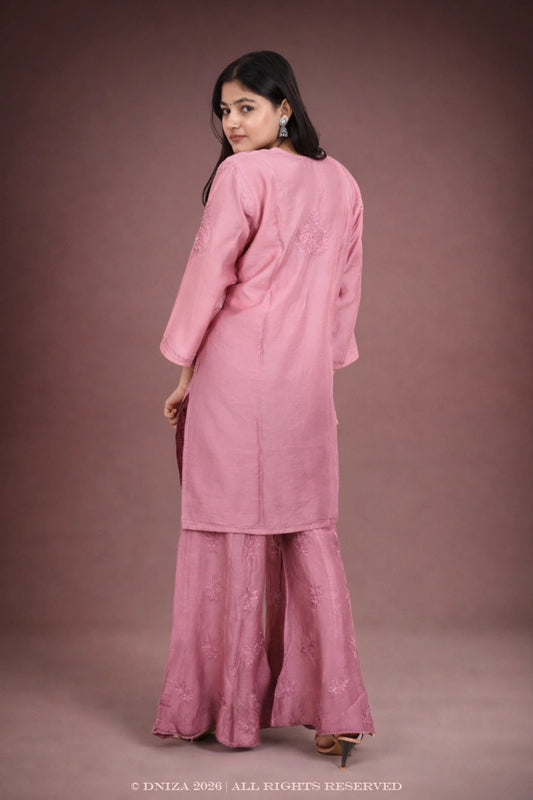 New Hand-embroidered dusty rose pink Chanderi Chikankari plazo suit with long kurti – Dniza Chikankari