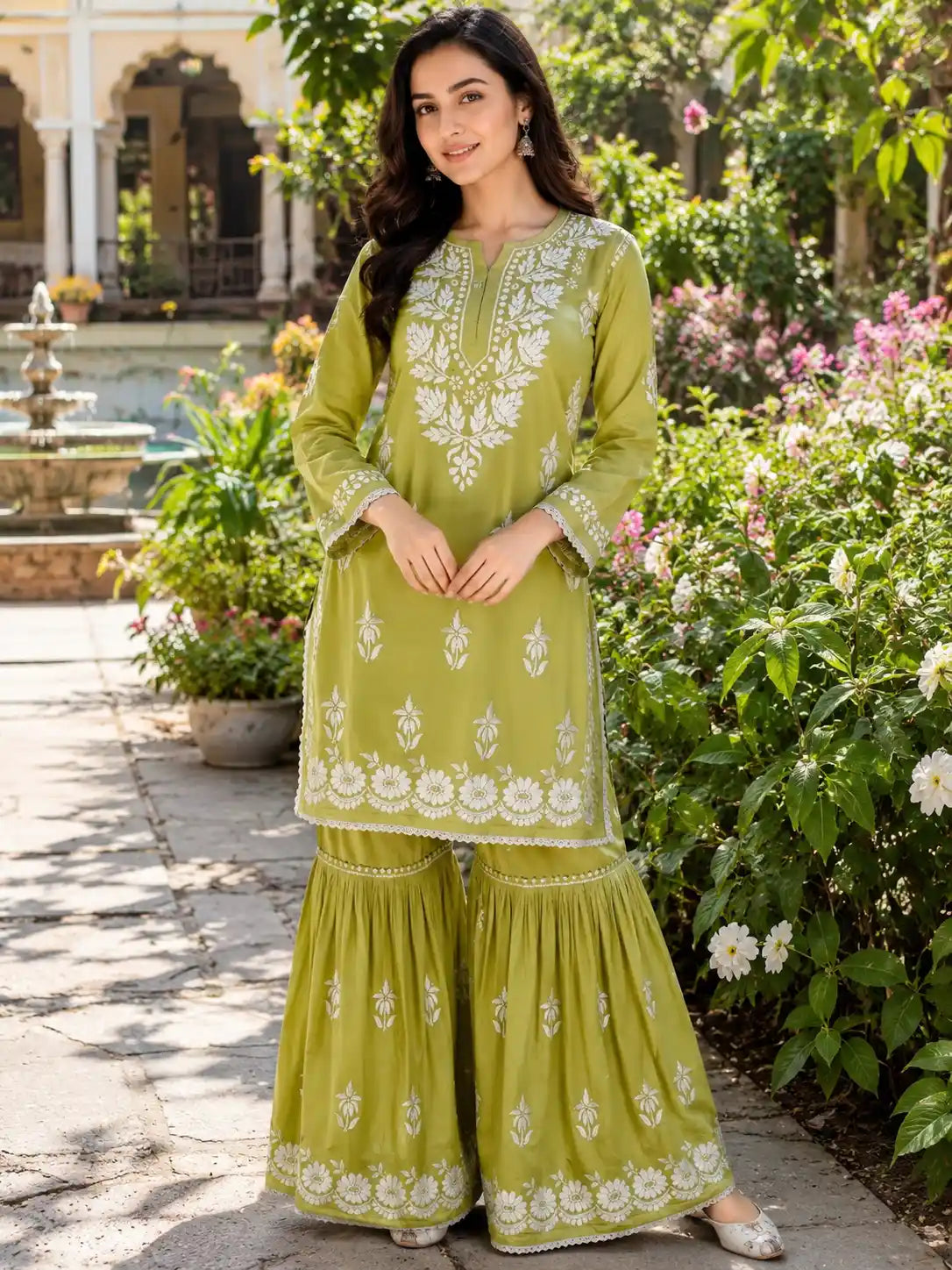 Olive Green Rayon Chikankari Garara Set for Women