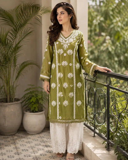 Olive green Chanderi Chikankari kurti for women