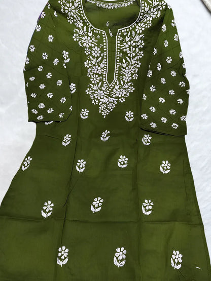Olive green cotton kurti featuring fine white chikankari floral work on front and sleeves

