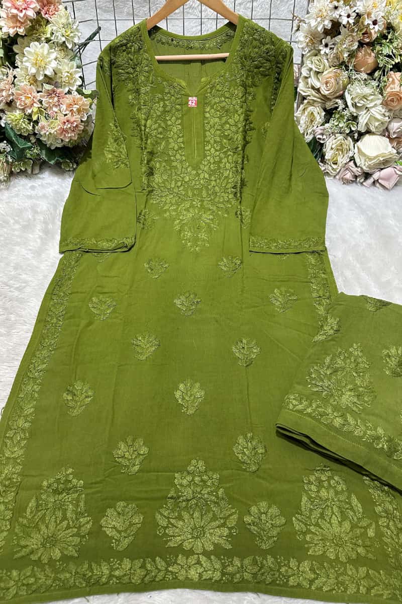 Olive green rayon 3 boota embroidery kurti with dyed bottom set front view