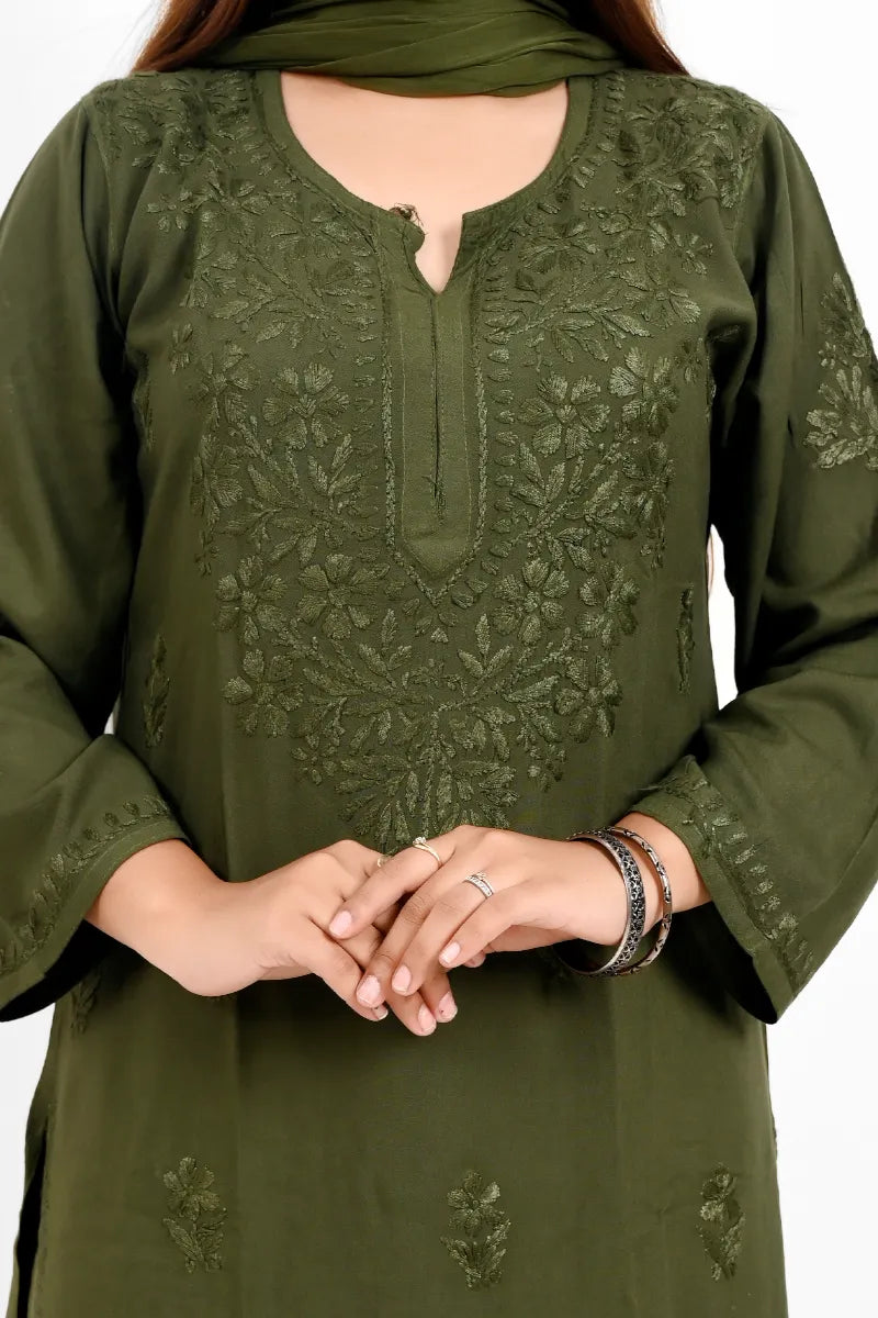 Olive green rayon chikankari 3 piece set 