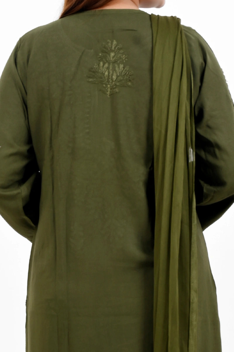 Olive green rayon chikankari 3 piece set  Back Work