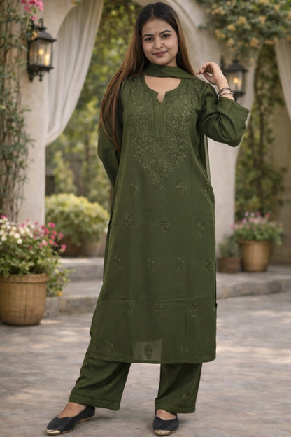 Olive green rayon chikankari 3 piece set for women with embroidered kurti, straight pants and matching dupatta