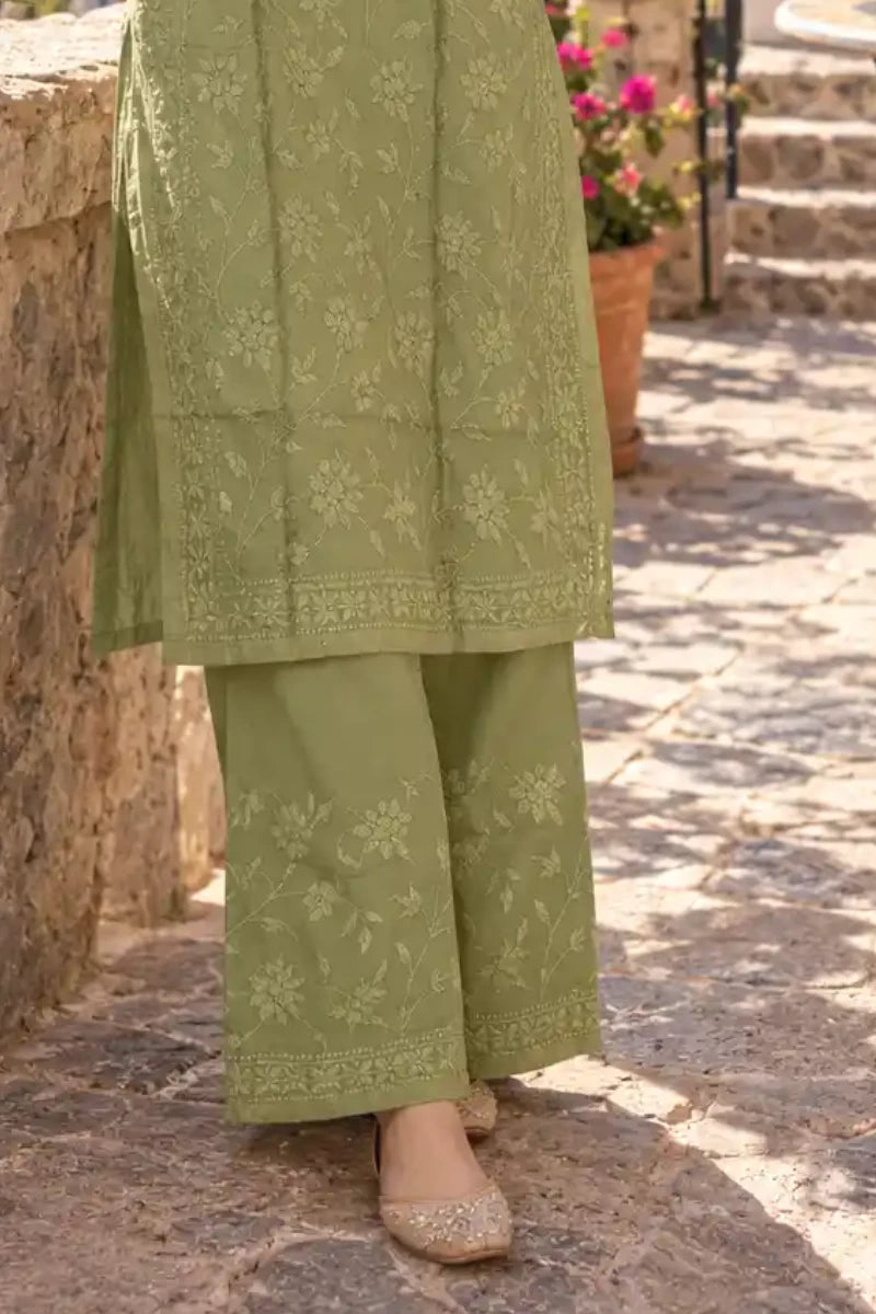 Olive green rayon floral jaalwork kurta set