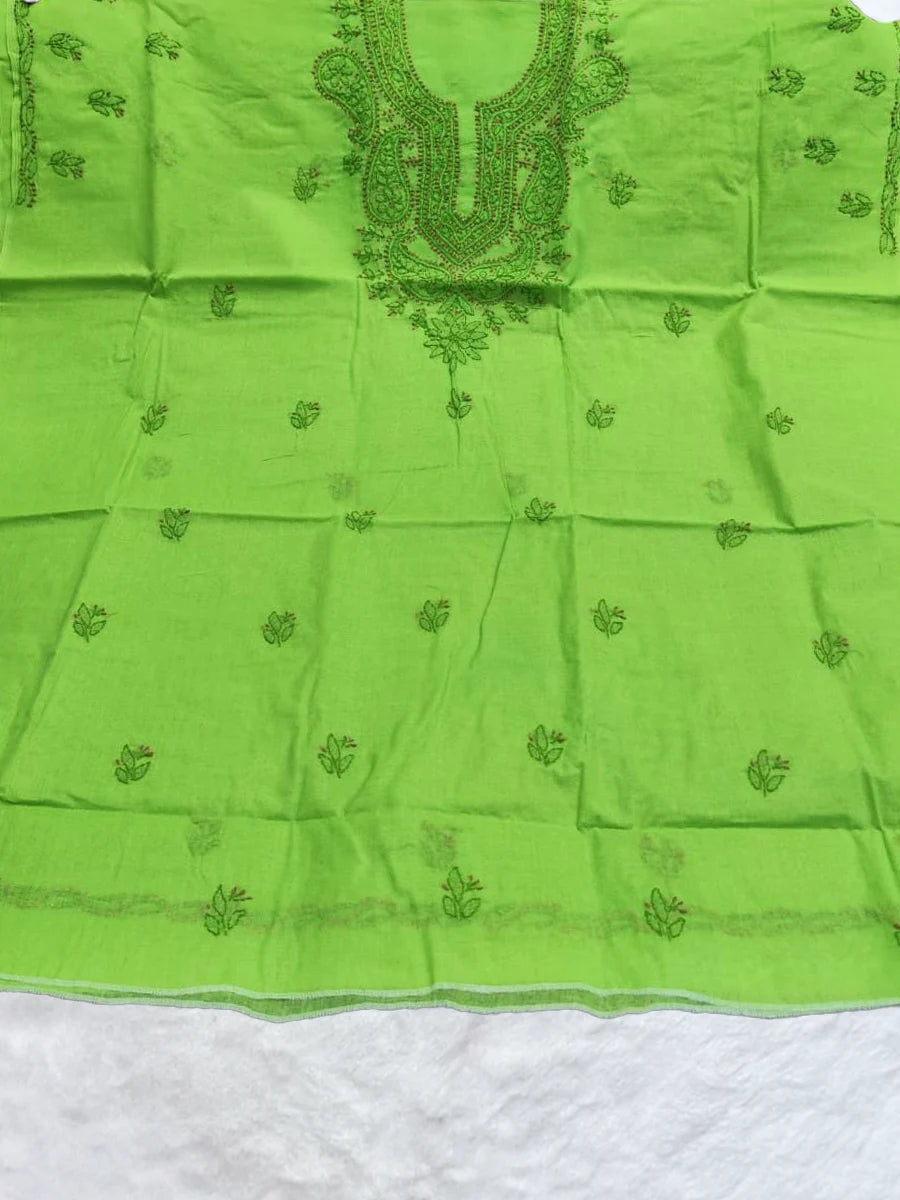 Parrot Green Chikankari Cotton Dress Material (Dniza Chikanakri)