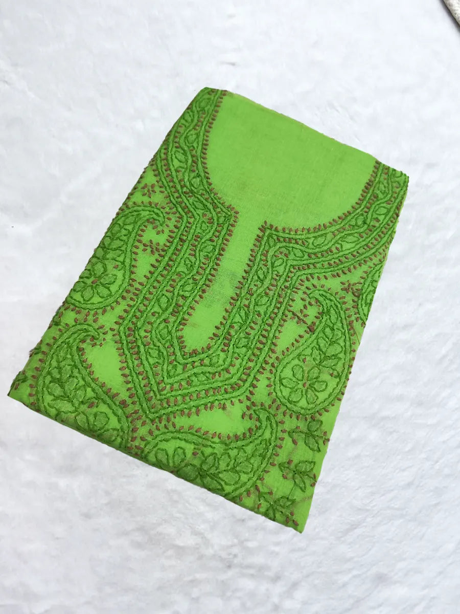 Parrot green cotton dress set with contrast white embroidery in shadow and fanda style.