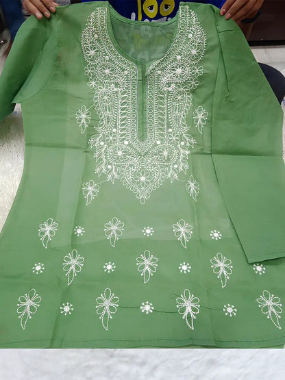 Parrot green short kurti in Rubiya Cotton with intricate white machine embroidery on neck and booti pattern