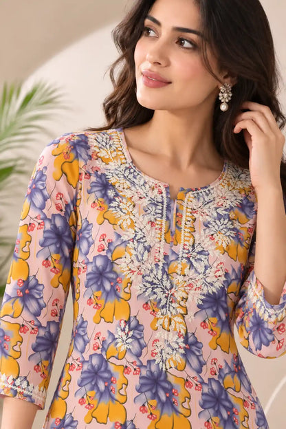 Pastel floral print mulmul cotton kurti