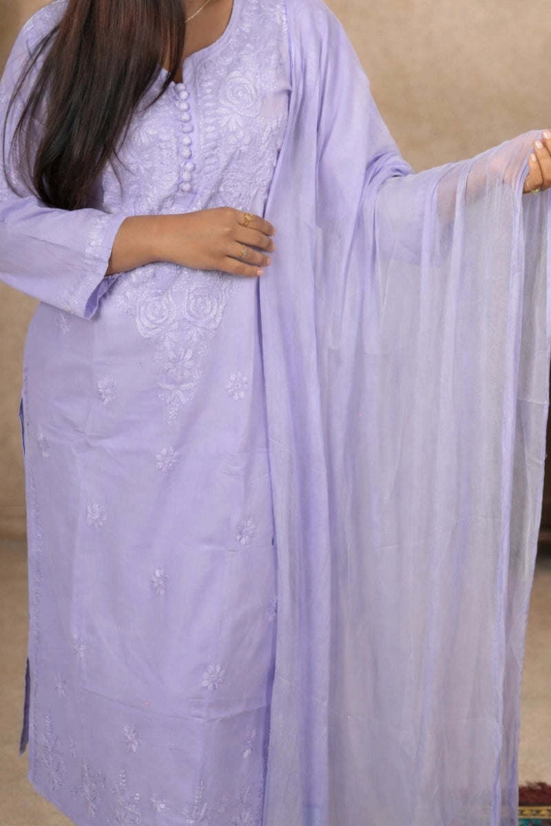 Pastel lavender malmal 3 piece dress for women with delicate hand embroidery and flowy dupatta