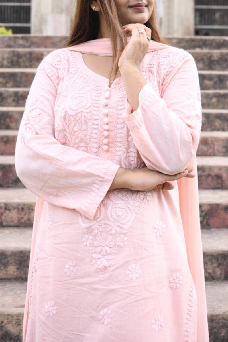 Pastel pink cotton malmal ethnic kurti for summer wear