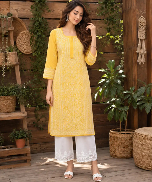 Pastel yellow Chikankari kurti with white floral embroidery for women