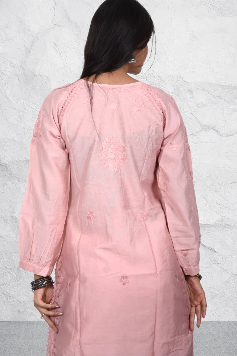 Peach Chanderi Kurti with Hand Chikankari Work by DNIZA