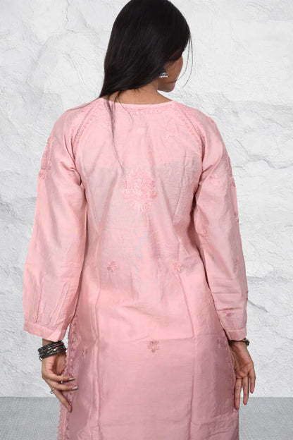 Peach Chanderi Kurti with Hand Chikankari Work by DNIZA