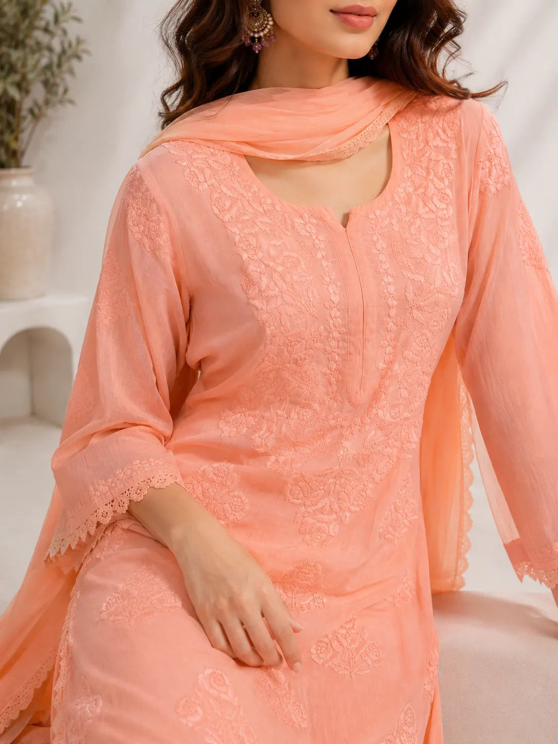 Peach Chikankari Modal Suit with Embroidered Sharara and Dupatta
