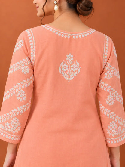 Peach Lucknowi Chikankari Kurti with 3D Embroidery