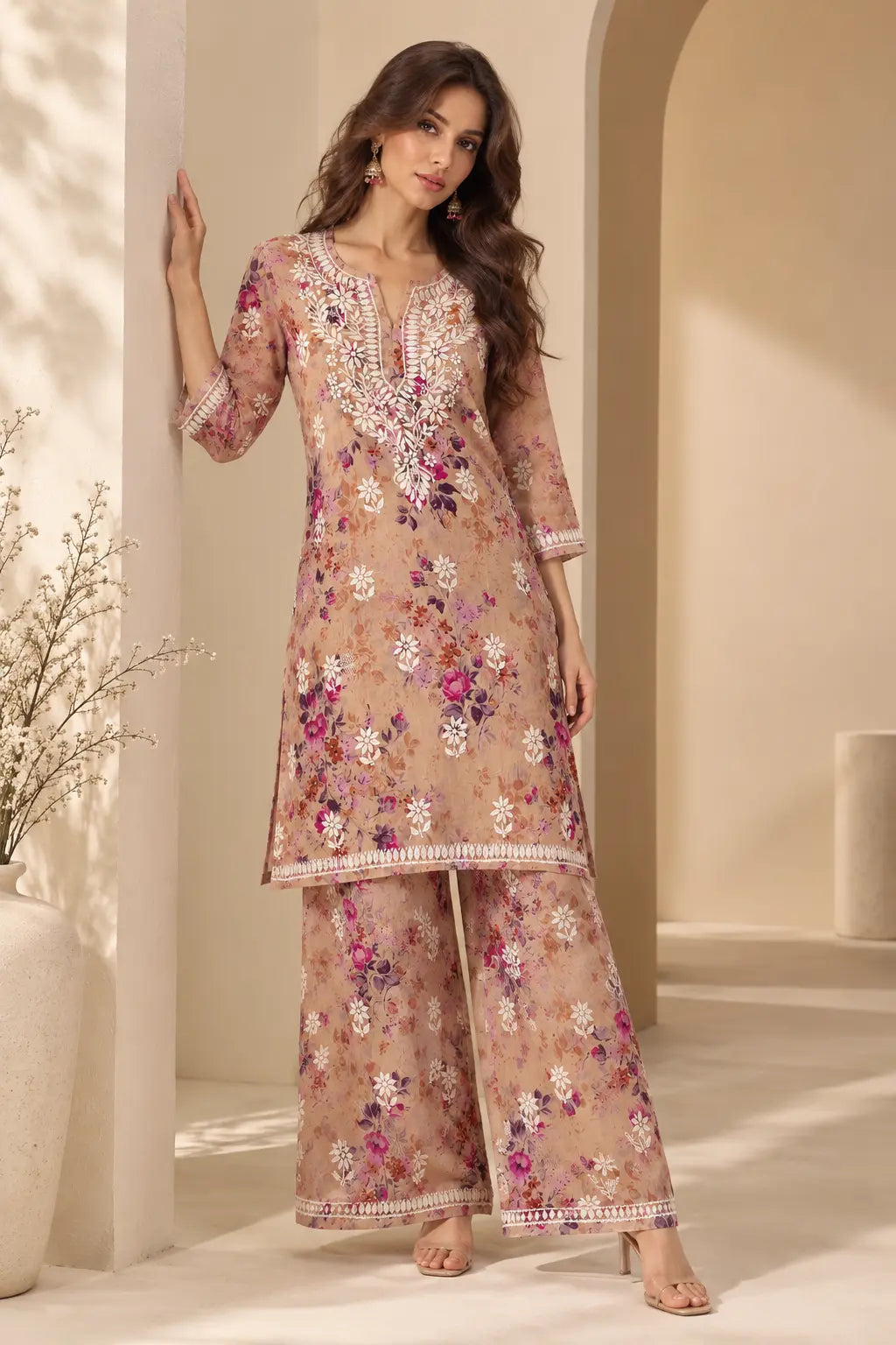Peach Mulmul Cotton floral embroidered kurta palazzo set for women