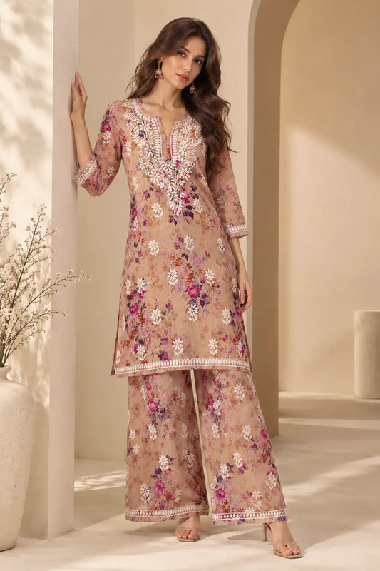 Peach Mulmul Cotton floral embroidered kurta palazzo set for women