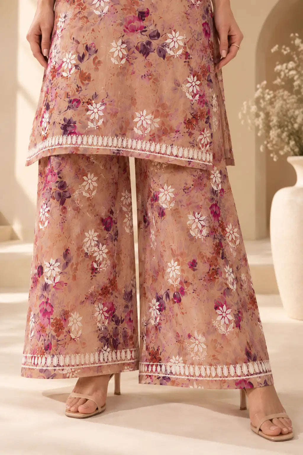 Peach cotton kurta palazzo set with embroidered V-neckline and floral design