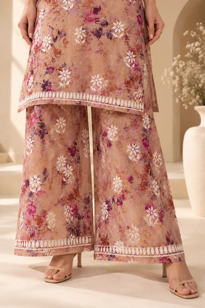 Peach cotton kurta palazzo set with embroidered V-neckline and floral design