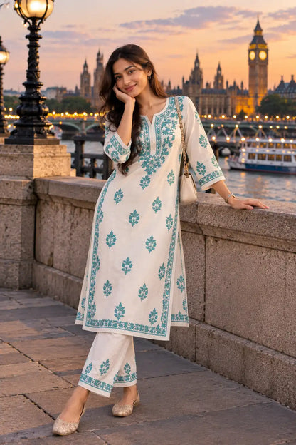 A woman posing on a stone bridge in London with Big Ben and the Thames River in the background, wearing a white three-piece kurta set with teal blue floral embroidery.