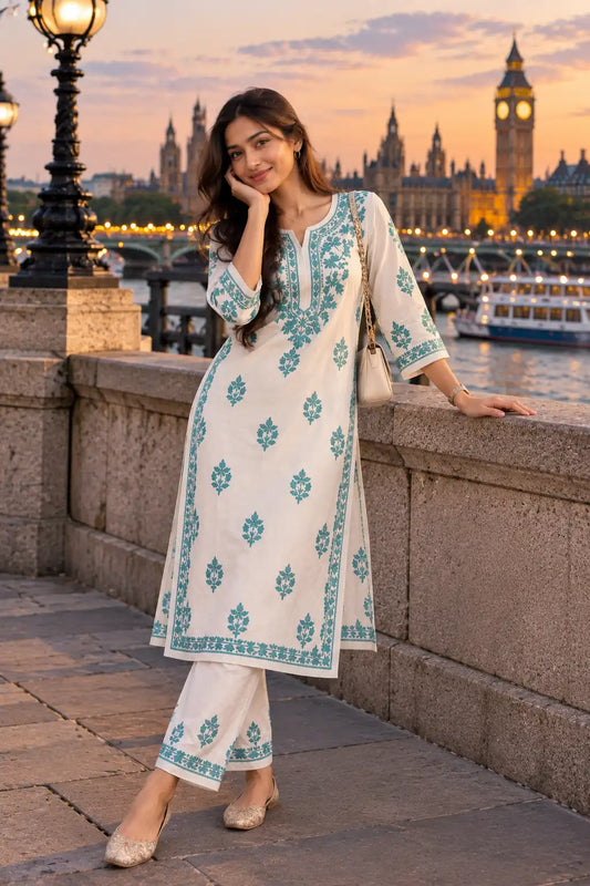 A woman posing on a stone bridge in London with Big Ben and the Thames River in the background, wearing a white three-piece kurta set with teal blue floral embroidery.