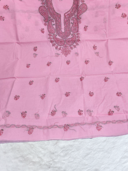 Petal pink dress material in cotton with hand-embroidered white threadwork.