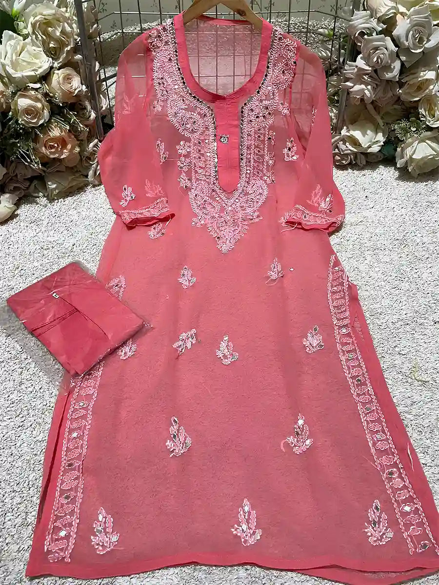 Pink Mirror Embroidered Georgette Kurti with Inner Lining