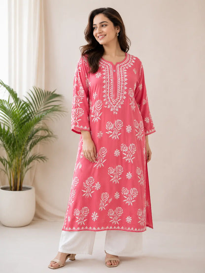 Pink Muslin Plus Size Chikankari Kurti for Women