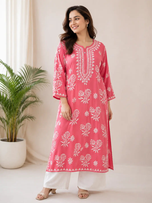Pink Muslin Plus Size Chikankari Kurti for Women