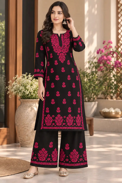 Pink Rayon Kurta Pant Set with Floral Chikankari Work