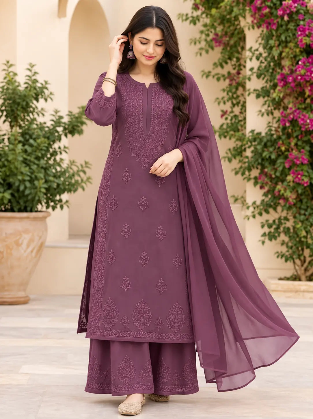 Rayon Chikankari Embroidered Kurta Palazzo Set with Dupatta