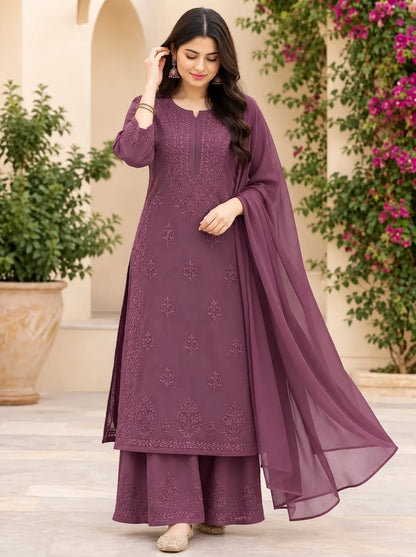 Rayon Chikankari Embroidered Kurta Palazzo Set with Dupatta