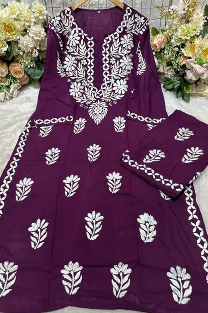 Plum purple rayon Chikankari suit set with white threadwork