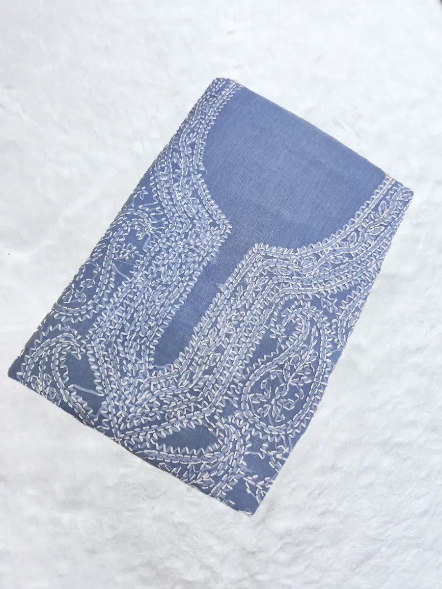 Powder blue cotton dress material featuring white Ancor thread embroidery in shadow and fanda style.

