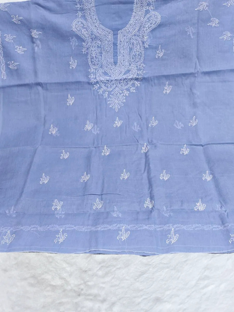 Powder blue cotton dress material featuring white Ancor thread embroidery in shadow and fanda style(Dniza Chikankari)

