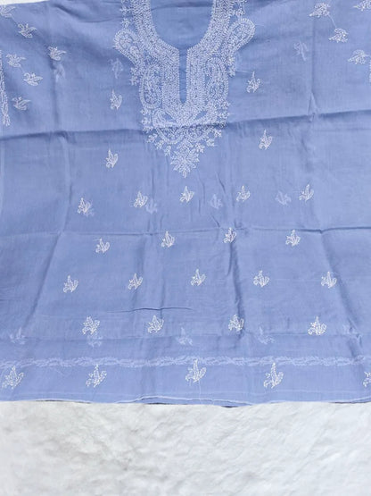 Powder blue cotton dress material featuring white Ancor thread embroidery in shadow and fanda style(Dniza Chikankari)

