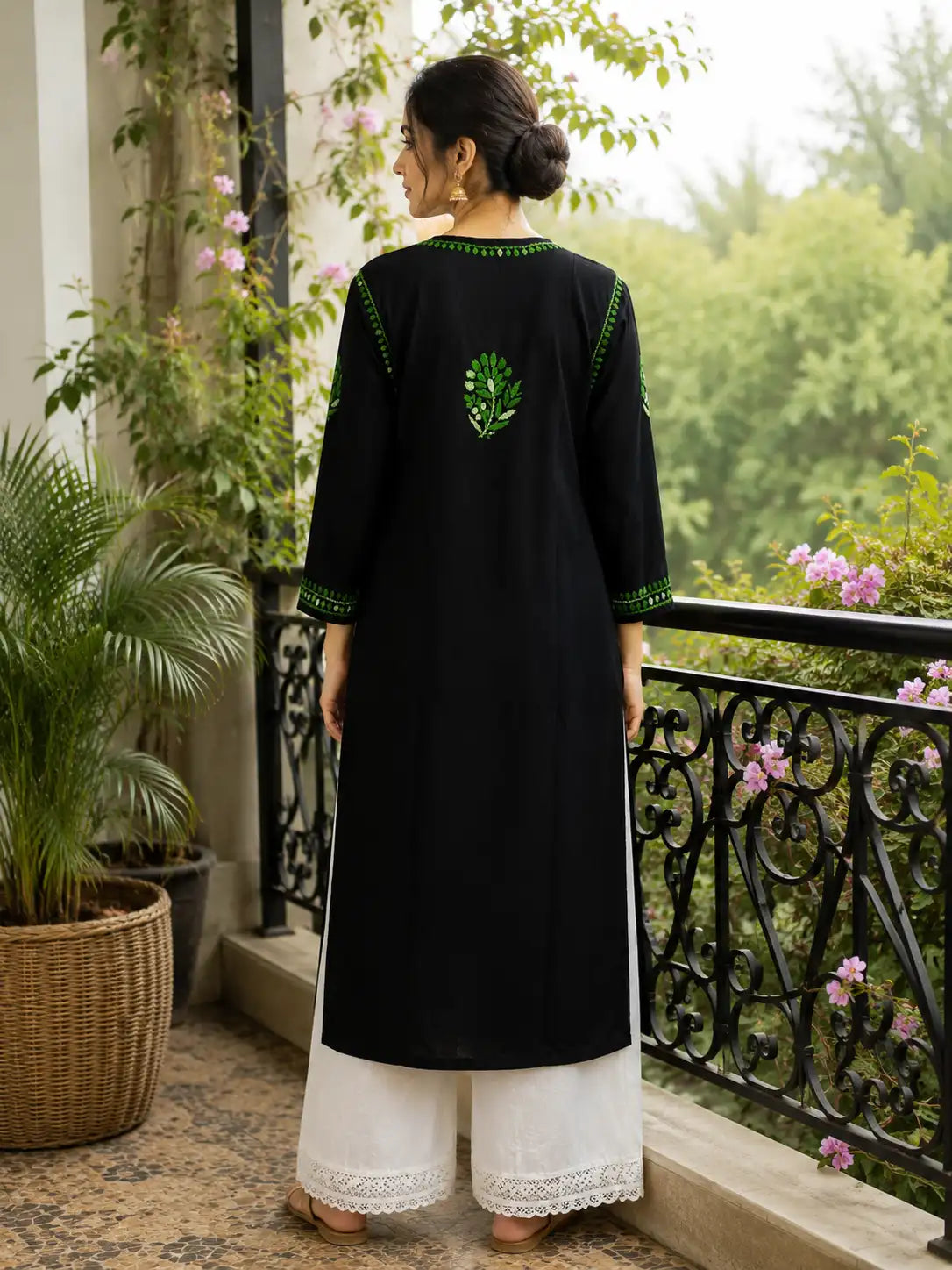 Premium Black Modal Kurti with Green Embroidery