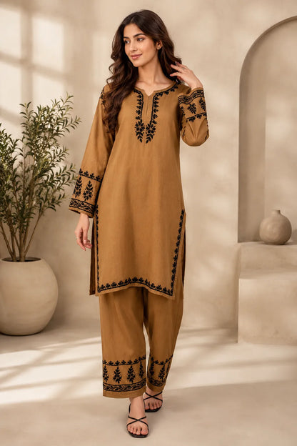 Premium Brown Rayon Lucknowi Chikankari Kurta Palazzo Set for Women with Black Embroidery