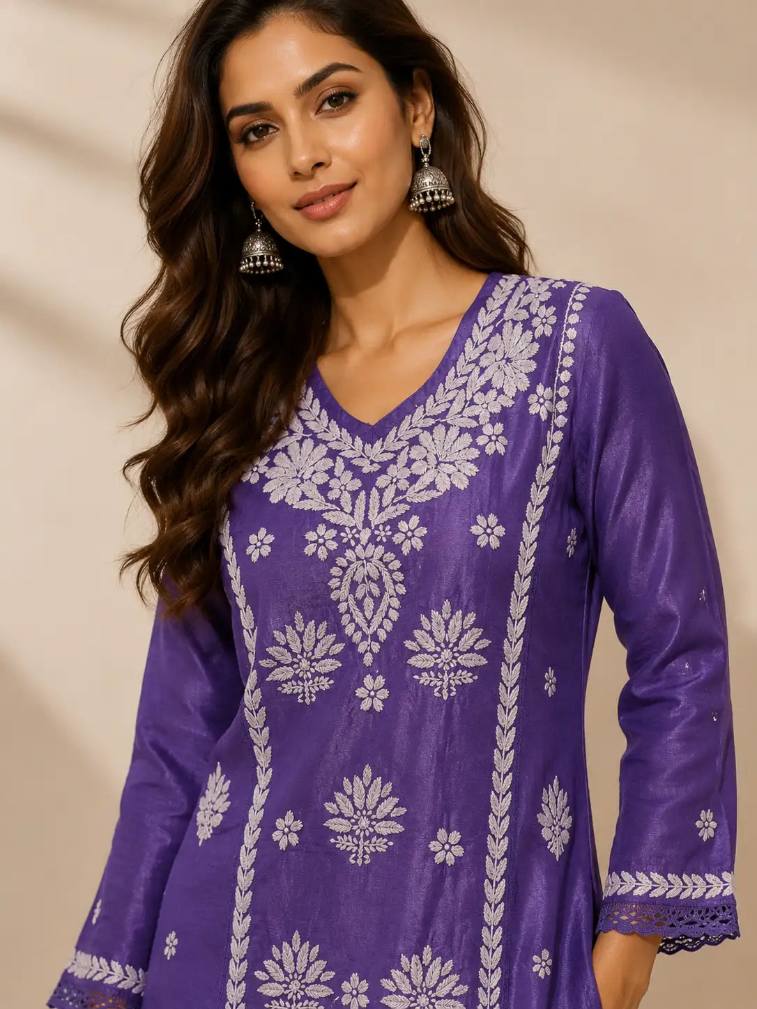 Premium Chanderi Chikankari Style Kurti in Purple Color by Dniza