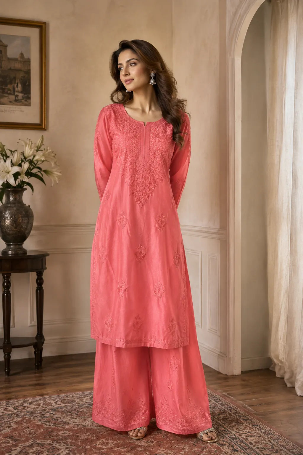 Premium Coral Pink Chanderi Chikankari Kurta Palazzo Set for Women