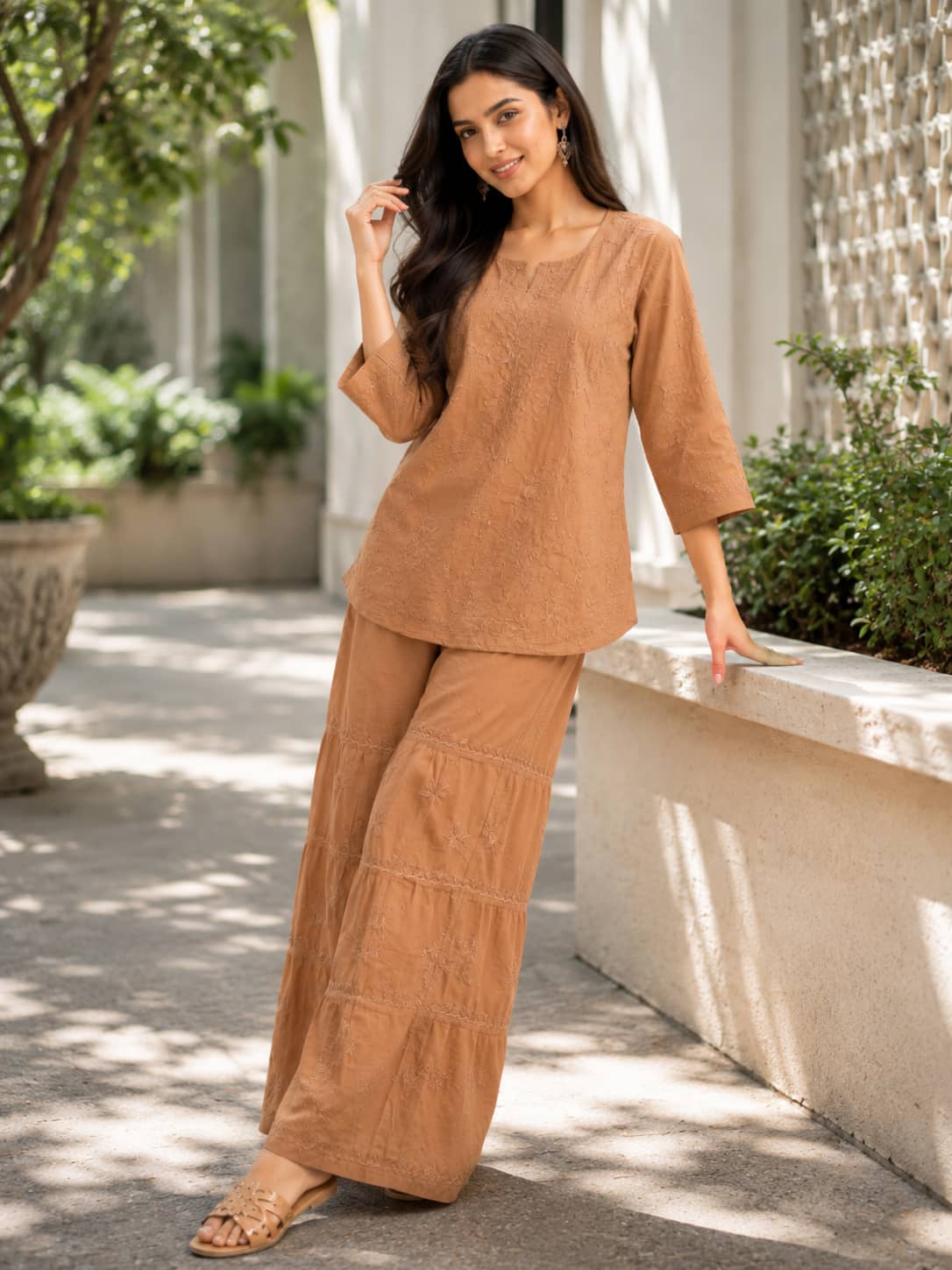 Premium Cotton Embroidered Co-ord Set for Women with Wide Leg Palazzo